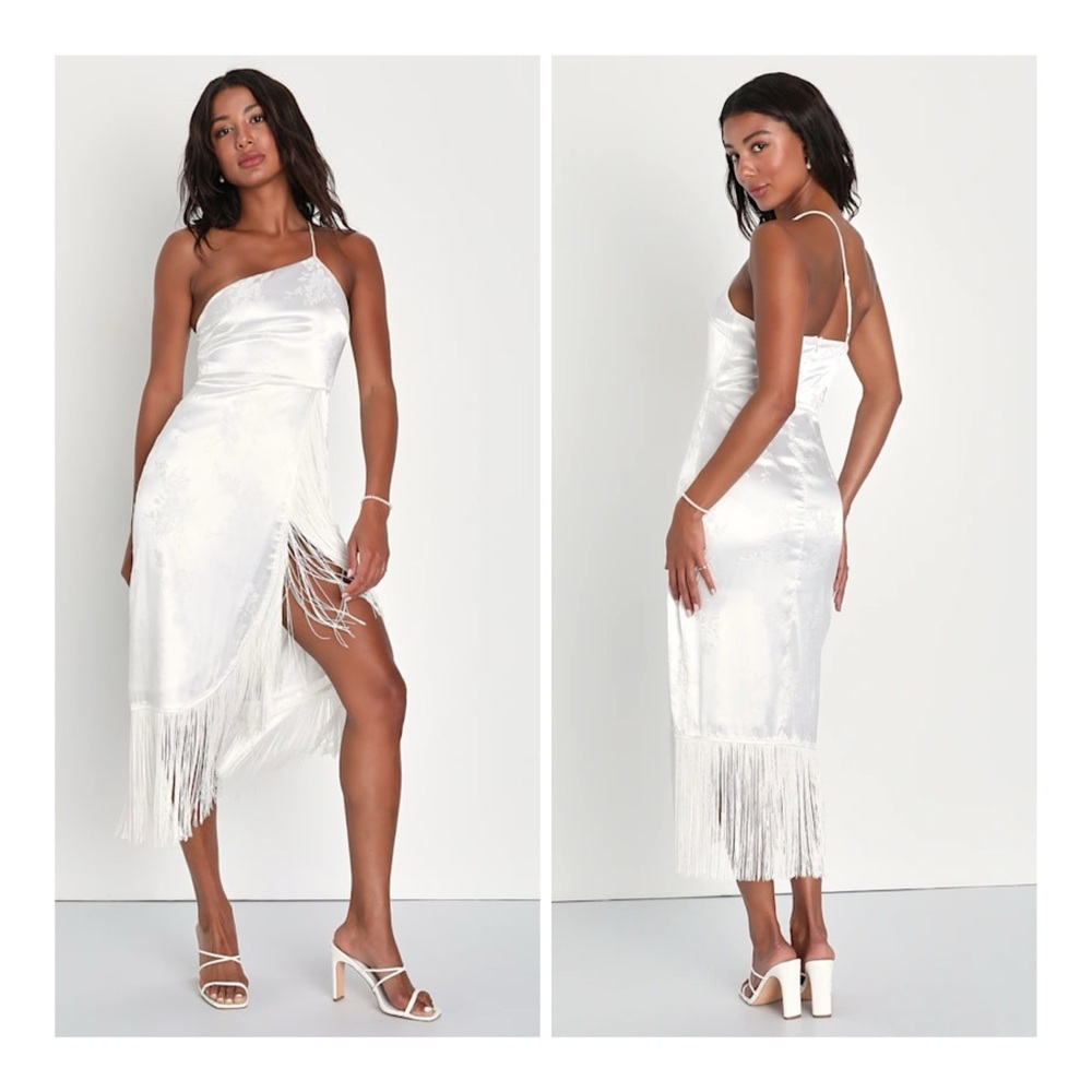 NEW Lulus Small On the‎ Dancefloor White Jacquard Fringe One-Shoulder Midi Dress